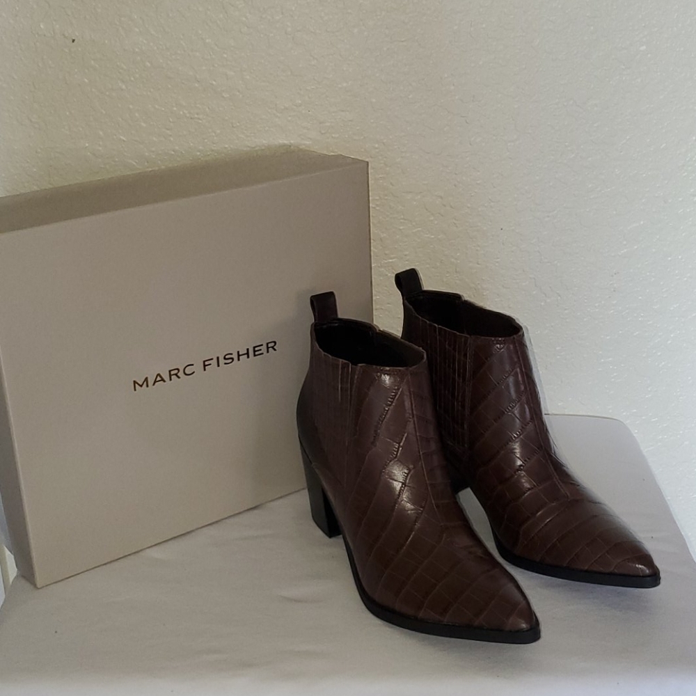 Marc Fisher Brown Croc-Embossed Ankle Booties